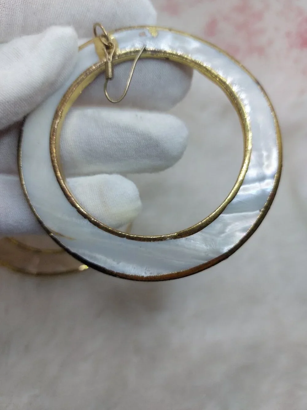 Vintage Mother of Pearl Large Hoop with Gold Rim Earrings - Picture 7 of 7
